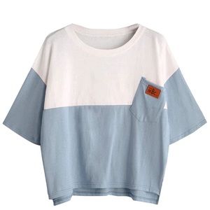 1/2 white, light blue t shirt w extra long sleeves